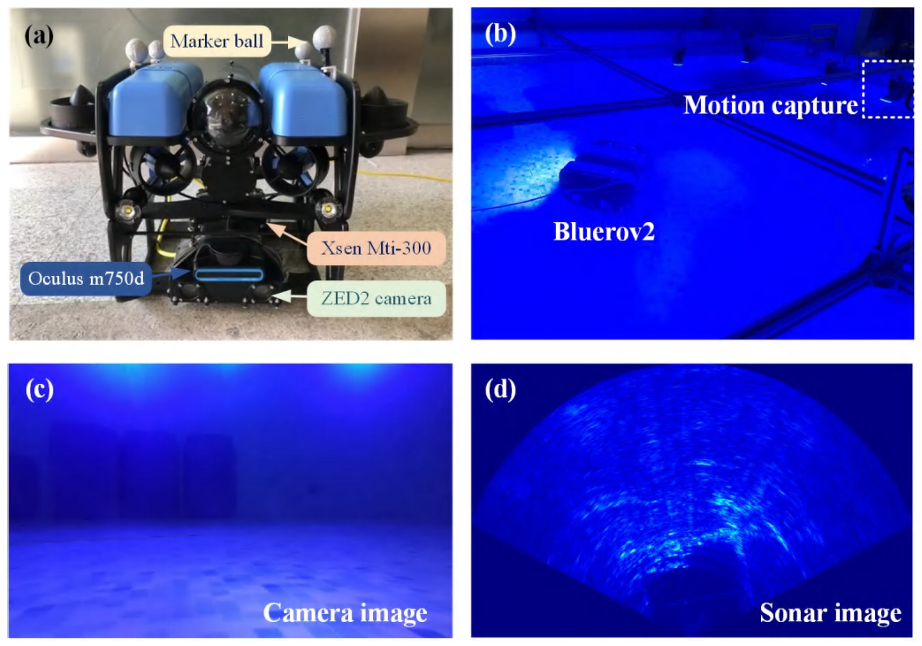 本文实验平台。(b) 水池中搭建的配备NOKOV度量动作捕捉系统的实验环境。(c) 水池中的ZED2相机图像。(d) 水池中的Oculus m750d成像声呐图像。