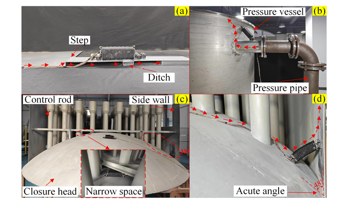 该连续体爬行机器人在核电管道与压力容器表面的实际应用场景，展示其在非连续曲面过渡与垂直爬行中的运动能力。